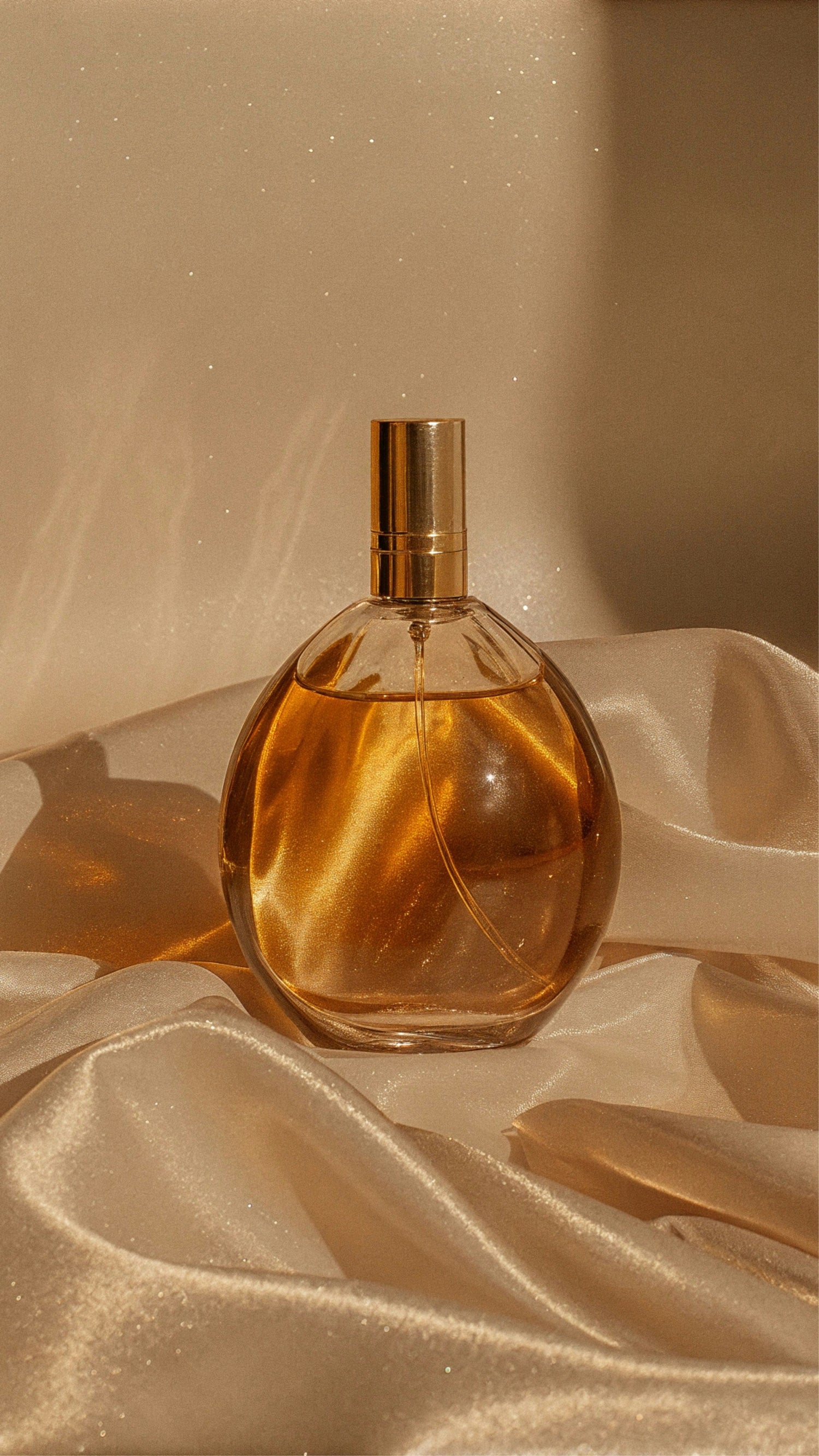 Un flacon de parfum élégant aux reflets dorés, capturé sur un tissu satiné à la lumière dorée. Une image qui évoque le raffinement, la chaleur et la sensualité d’un parfum mature et parfaitement macéré.